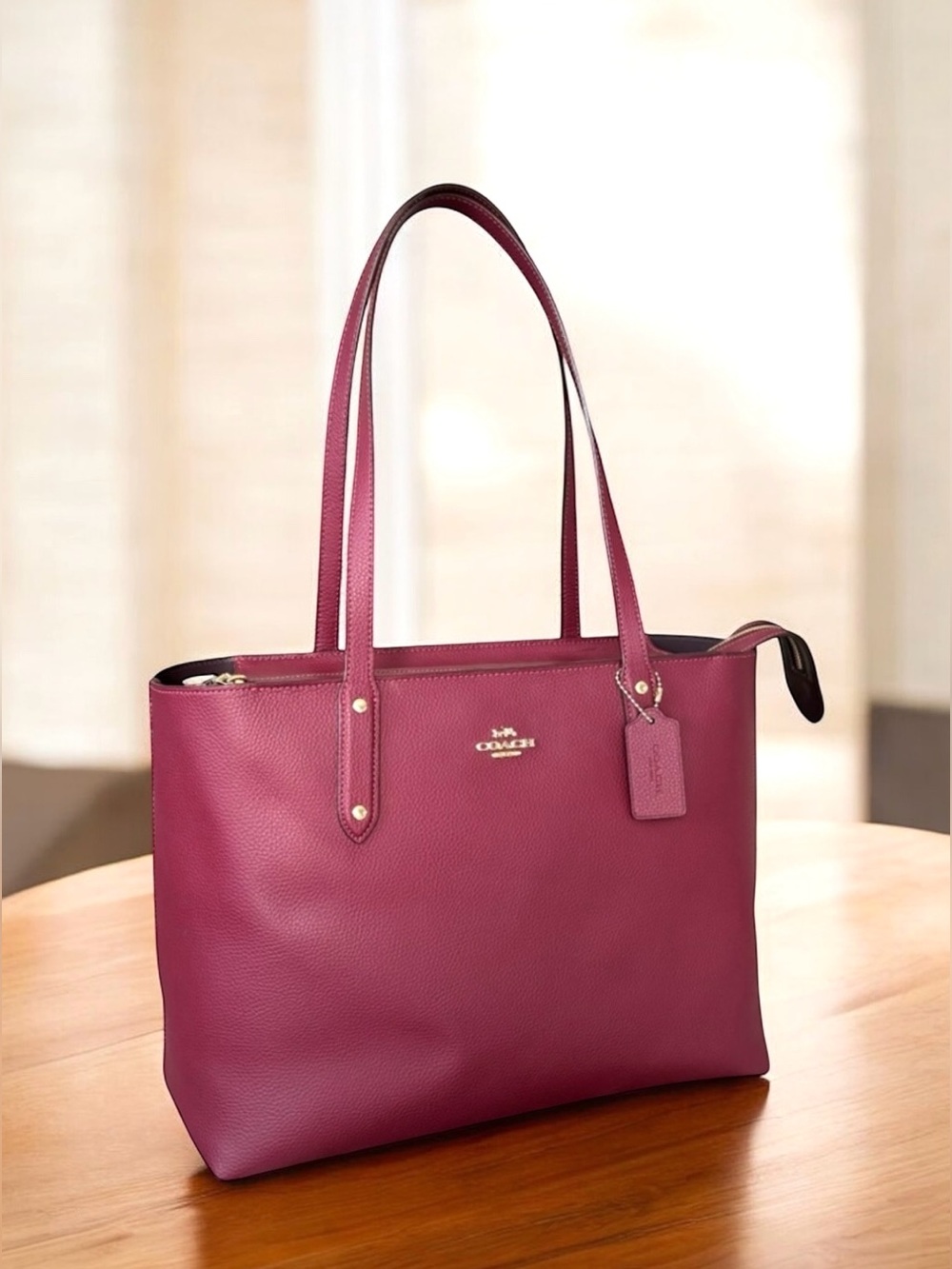 Coach Central Tote Bag Red Polished Pebbled Leather